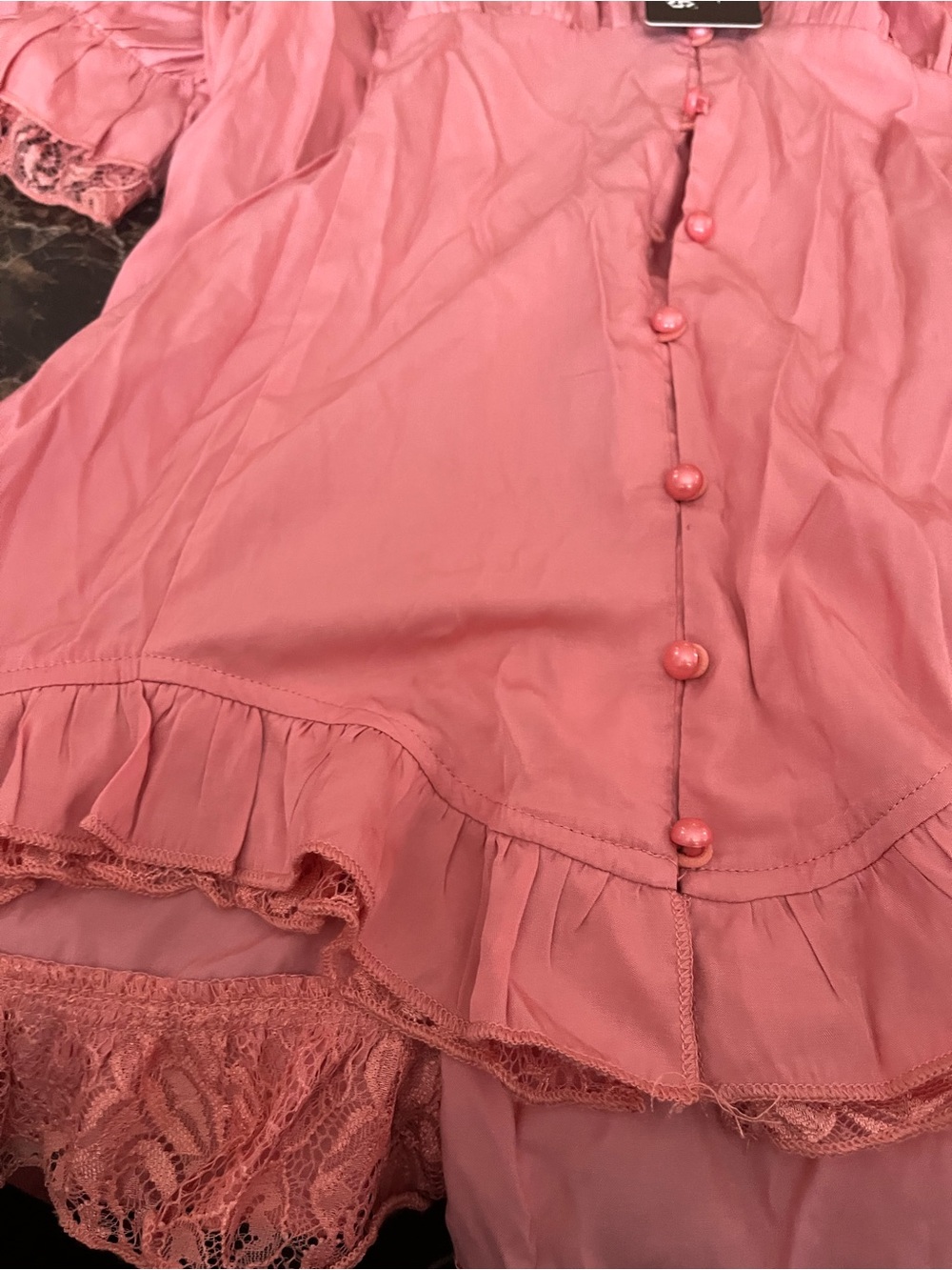 Scarlet Darkness Pink Ruffle Lace Button-Front Blouse - Picture 2 of 13